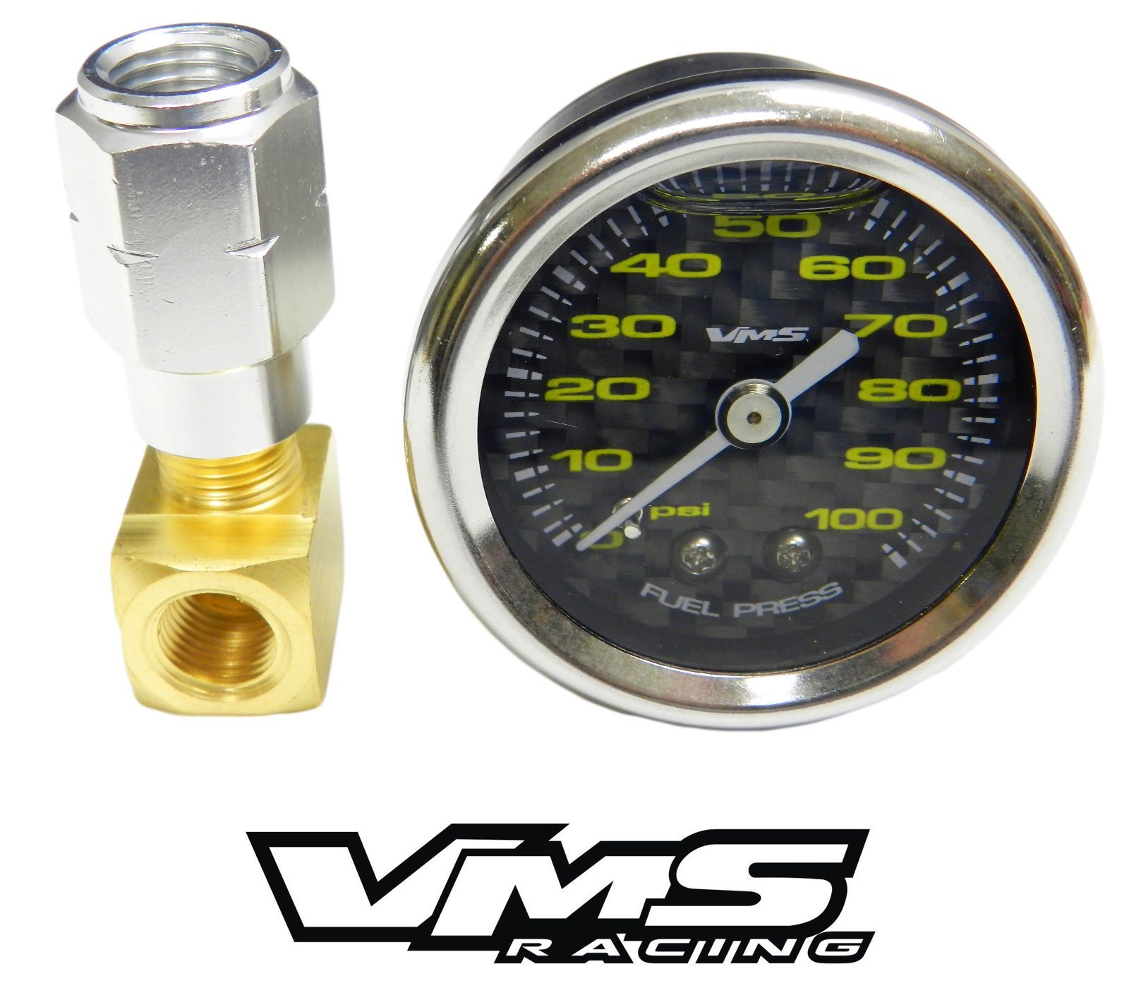 VMS Camaro Corvette 1 1/2" 100 psi Black Carbon w/Yellow Face Fuel Pressure Gauge Liquid Filled Adpater and Gauge