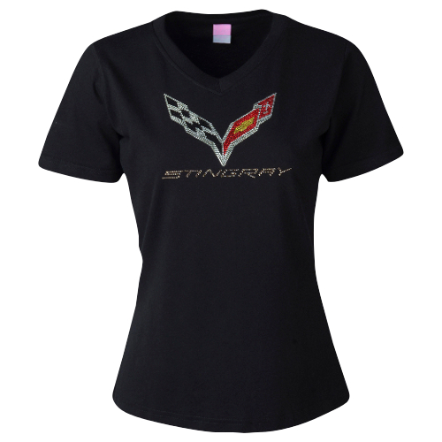 C7 Stingray Corvette Ladies C7 Flag Logo Rhinestone V-Neck Shirt