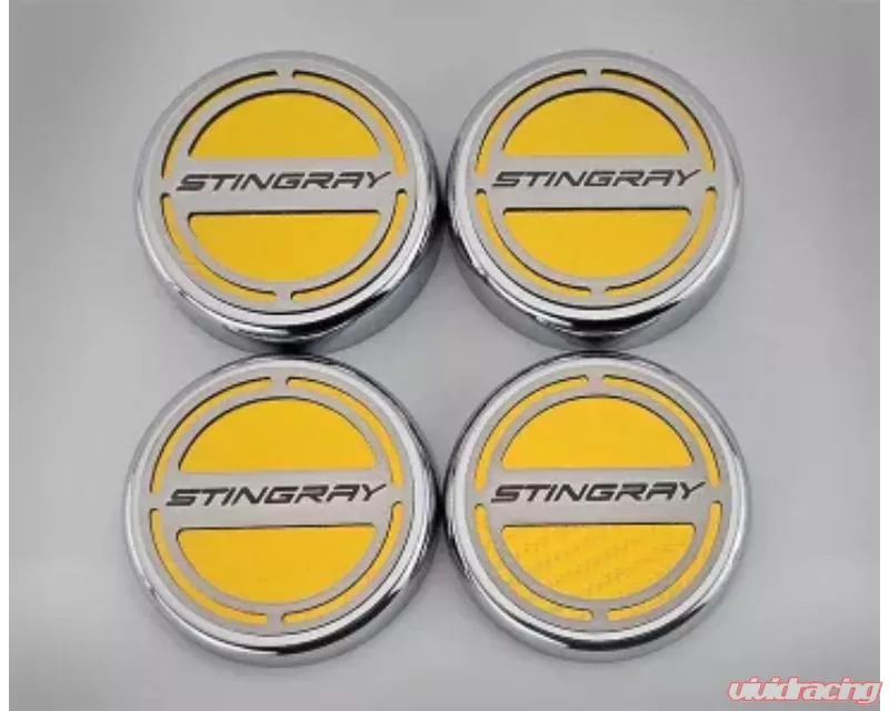 American Car Craft Yellow Carbon Fiber Cap Cover Set 4pc Stainless Stingray Logo Chevrolet C8 Corvette Coupe 2020-2024