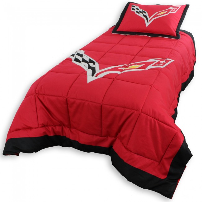 C7 Corvette Crossed Flags Reversible Twin Comforter Set with Sham