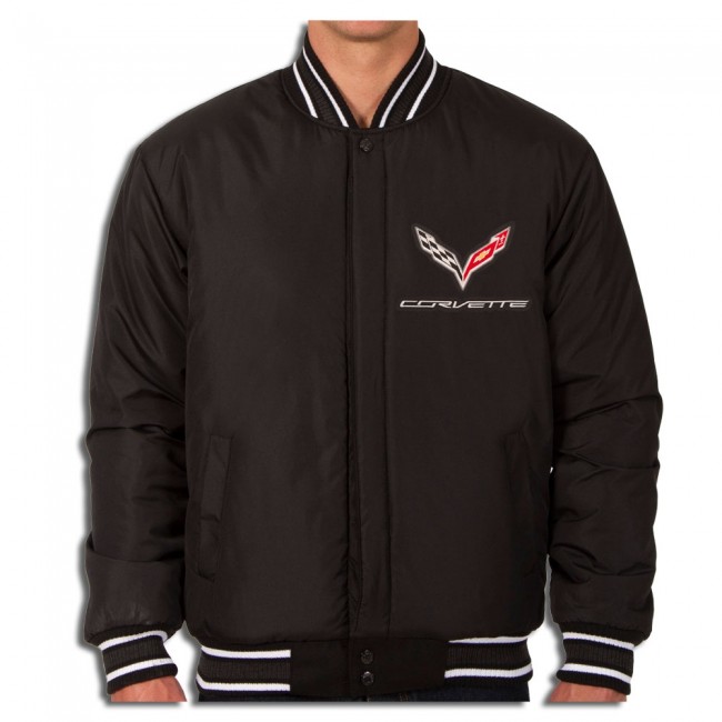 Corvette C7 Crossed Flags Logo Varsity Jacket, Black - Reversible